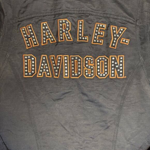 Harley Davidson Women’s S Black Crop Riding Jacket Rhinestone Logo - Picture 2 of 14